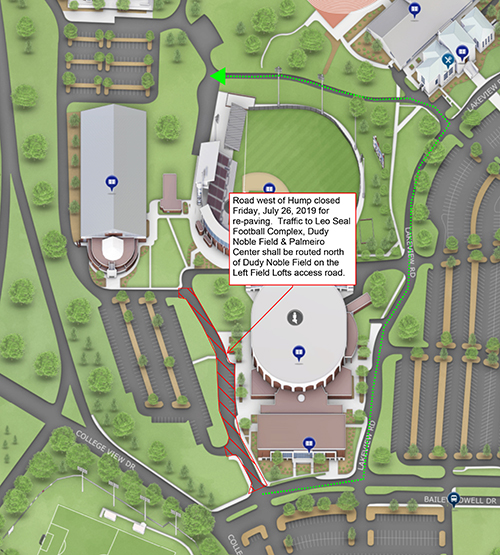 Map showing traffic re-routing for road west of Humphrey Coliseum