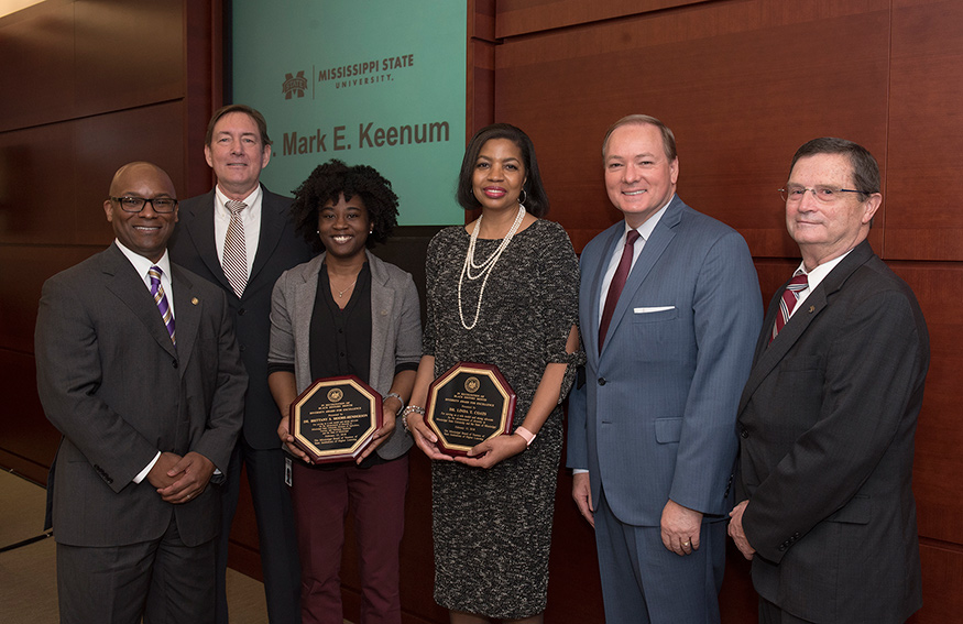 Pictured at the recent IHL Diversity Awards ceremony are, from left, IHL Trustee Shane Hooper; MSU Vice President for Agriculture, Forestry and Veterinary Medicine Gregory Bohach; MSU College of Veterinary Medicine Dr. Brittany S. Moore-Henderson; Professor of Educational Leadership Dr. Linda T. Coats; MSU President Mark E. Keenum; College of Veterinary Medicine Dean Kent Hoblet.