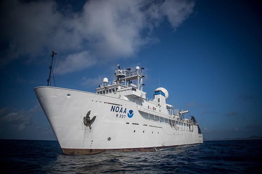 The Okeanos Explorer at sea. (Image courtesy of NOAA/OER/Art Howard OER)