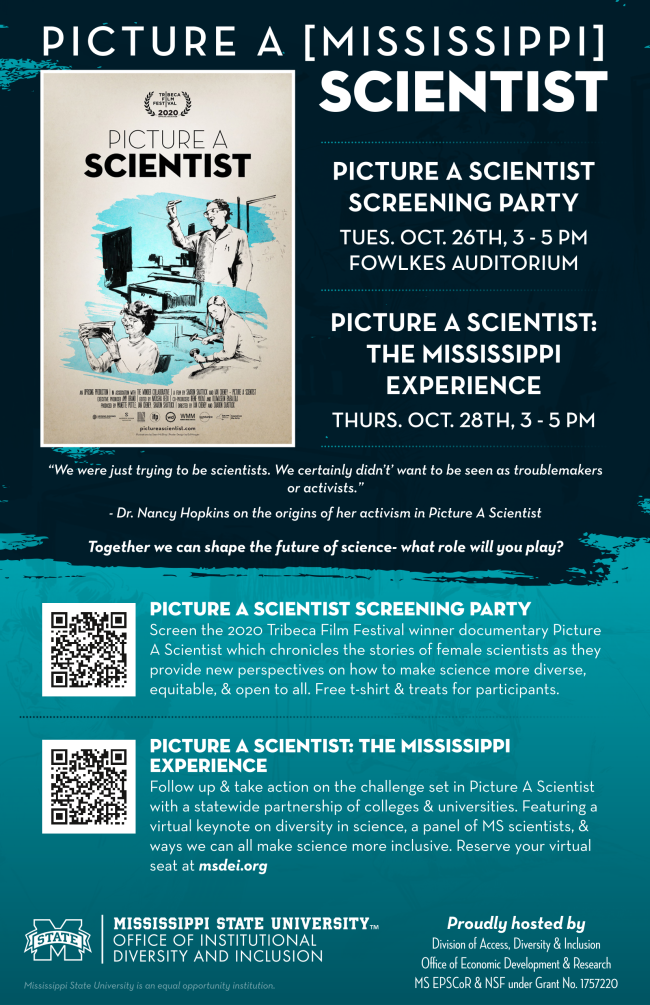 Teal and navy graphic promoting MSU's Picture A Scientist Screening Party