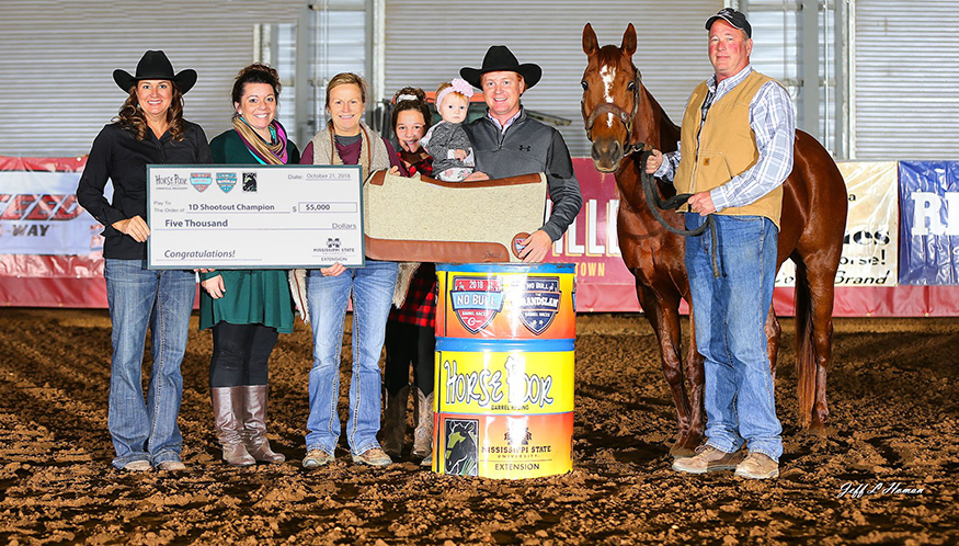 Mississippi Horse Park Director Bricklee Miller, far left, presents a check to winners of the 1D Shootout at the 2018 Horse Poor Barrel Race. (Submitted photo)