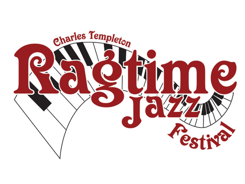 Piano behind the words "Charles Templeton Ragtime Jazz Festival" in red