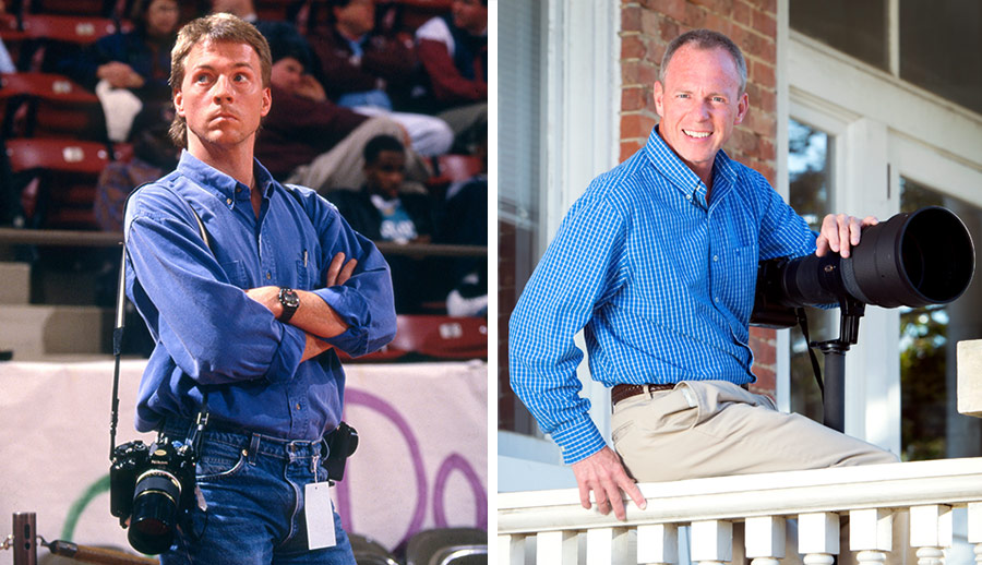 Russ Houston is pictured early in his career covering an athletic event at Humphrey Coliseum, left, and more recently at George Hall, home of MSU’s Office of Public Affairs. A selection of Houston’s photographs from throughout his career at Mississippi State will be on exhibit in the Colvard Student Union Art Gallery March 19-April 6.  