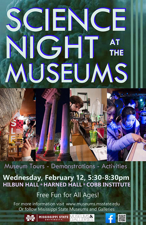 A collage of three images, Cobb Institute columns, chemistry experiment, and two young girls enjoying Science Night with text about event details