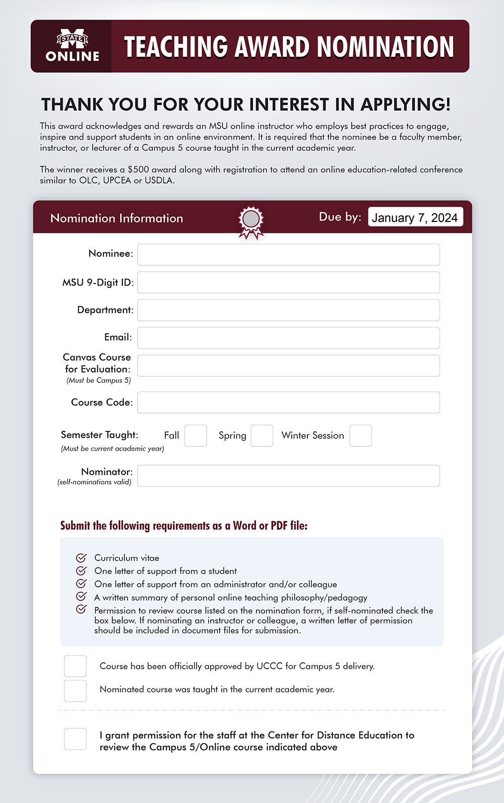 2024 MSU Online Teaching Award nomination form