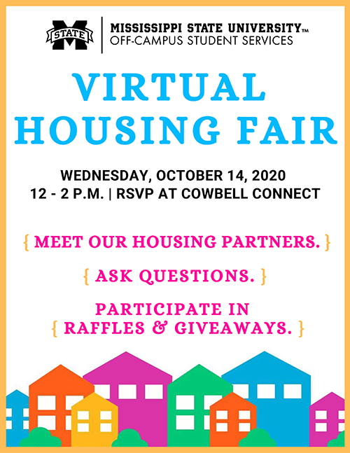 Graphic with multi-colored houses promoting the MSU Office of Off-Campus Student Services' Virtual Housing Fair