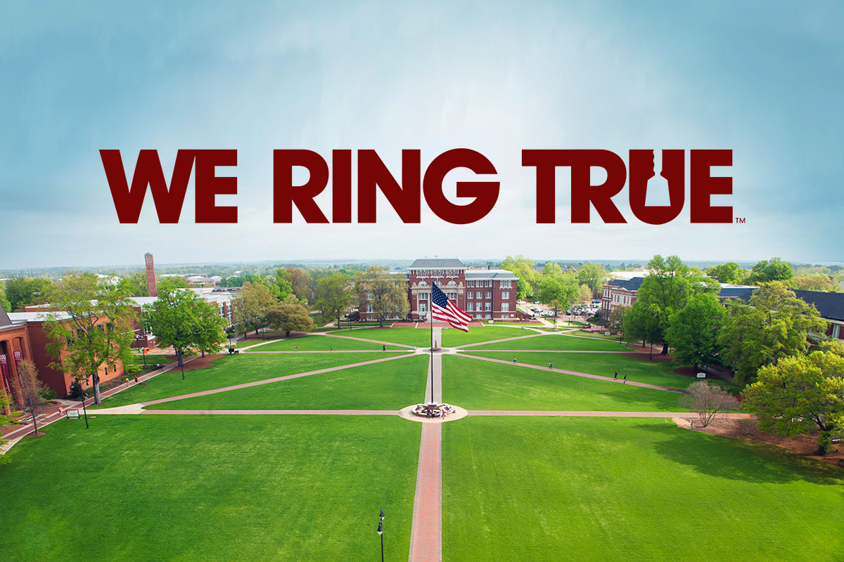 We Ring True graphic over the image of the university's Drill Field
