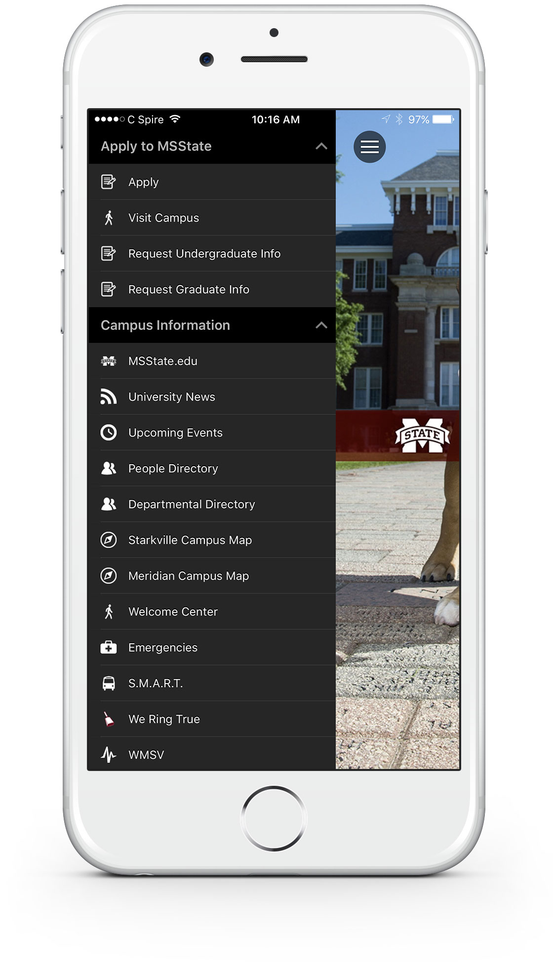 Rendering of myState Mobile app with menu open from the left side.