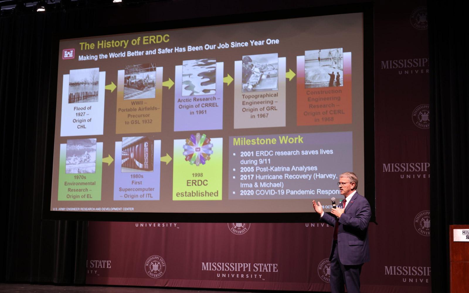Photo: ID U.S. Army Engineer Research and Development Director David Pittman speaks during ERDC Days at MSU.  (Photo by Kristen Polk