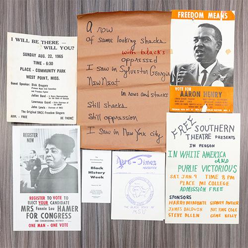 The material pictured represents a small percentage of the more than 100,000 civil rights related items to be digitized with the two-year Council on Library and Information Resources grant. Items shown are from the Clay County Civil Rights, Freedom School Poems, and Afro-American Plus collections.