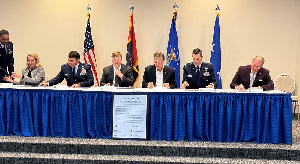 Pictured from left are: Tammy O’Neill, representing the Air Force Civil Engineer Center; USAF Major Gen. Wolfe Davidson; Gov. Tate Reeves; Biloxi Mayor Andrew “FoFo” Gilich; USAF Col. Billy Pope, Jr. 81 TRW/CC; and MSU President Mark E. Keenum.