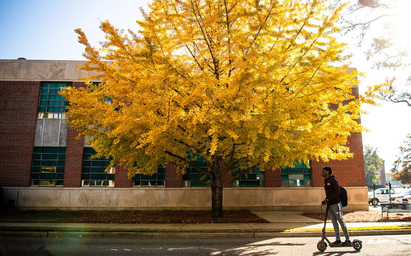 Student riding scooter through campus