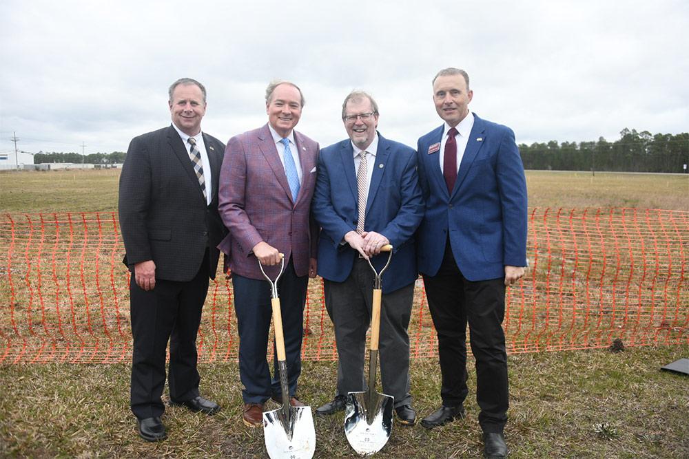 MSU leaders attending the groundbreaking for the Northern Gulf Aquatic Food Research Center include, from left, Mississippi Agricultural and Forestry Experiment Station Director and College of Agriculture and Life Sciences Dean Scott Willard, President Mark E. Keenum, Vice President for the Division of Agriculture, Forestry and Veterinary Medicine Keith Coble, and Head of the Coastal Research and Extension Center James Henderson.