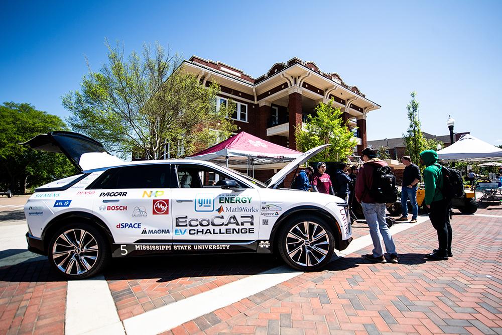 MSU’s EcoCAR EV Challenge vehicle, a 2024 Cadillac LYRIQ, sits on display during the 2025 MSU Research Showcase. MSU students are re-imagining the vehicle to incorporate electric and autonomous systems as part of the national EcoCAR competition.