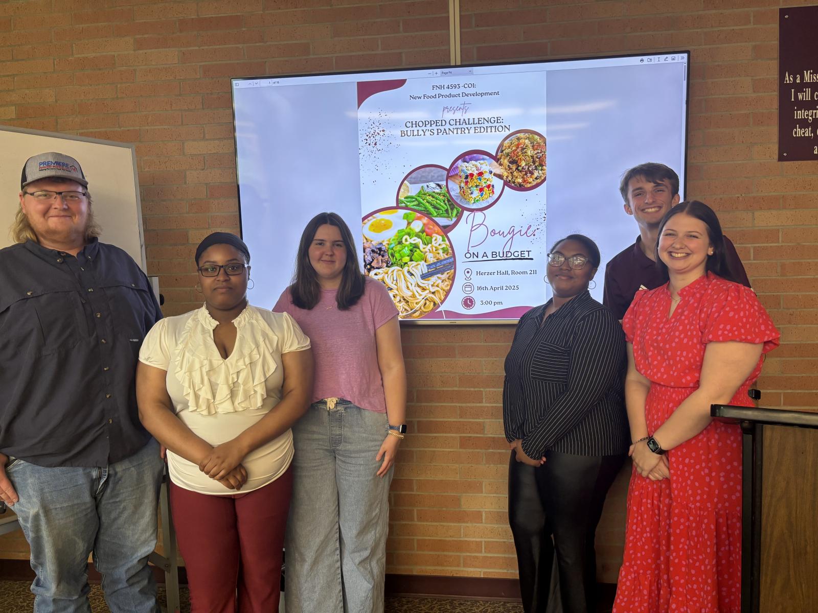 Seniors presenting their “Bougie on a Budget” projects as part of MSU’s Food Product Development class this semester include, from left, seniors Brandt Sowell, animal and dairy science, poultry science, Canton; India Lucas, culinology and psychology, Holly Springs; Emma Moore, food science, nutrition and health promotion, LaFayette, Georgia; Cerissa Cooley, culinology, Jackson; Nathan Baxter, culinology, Kennesaw, Georgia; and Abbey Brooks, food science, nutrition and health promotion, Guntown. (Photo Submi