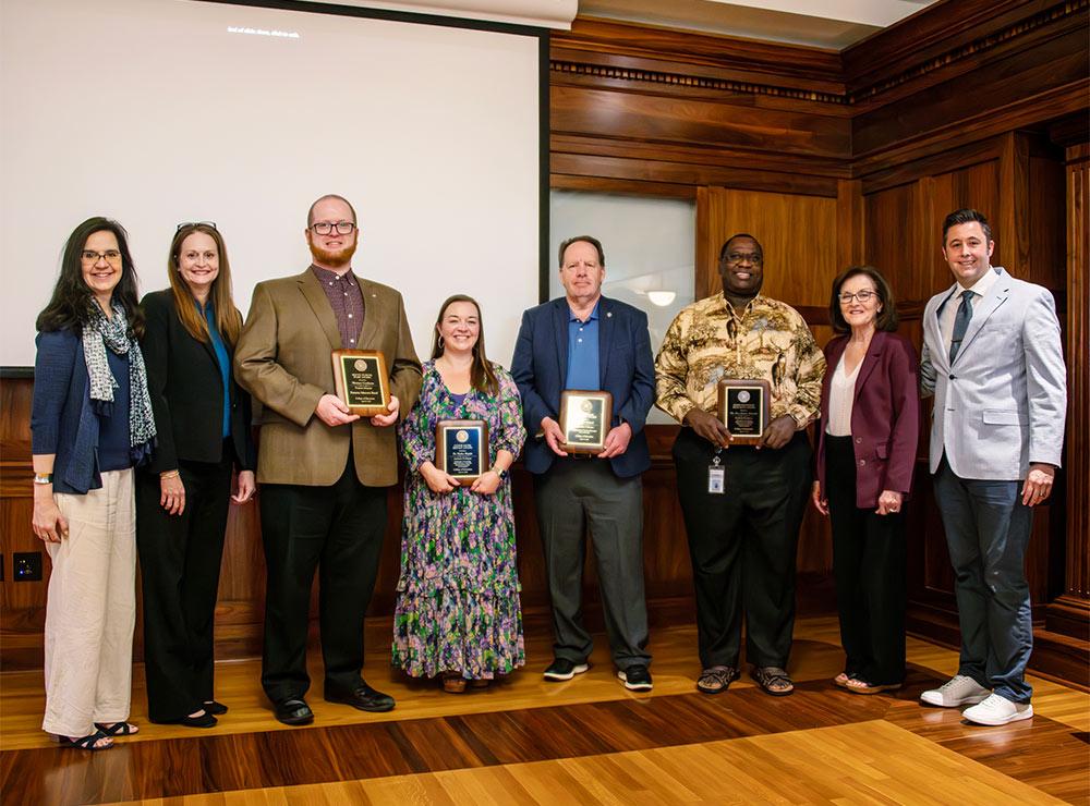Pictured from left, Rebecca Robichaux-Davis, assistant dean; Kim Hall, associate dean; Hunter Corhern, Betty Purvis Staff Award; Hailey Ripple, Clyde Muse Service Award; Paul Binford, Cindy Rose Teaching Award; Zaccheus Ahonle, Herb Handley Research Award; Teresa Jayroe, dean; and Daniel Gadke, associate dean of research.