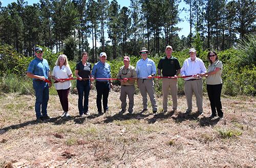 Representatives of various businesses and educational entities participate in a ribbon-cutting ceremony.