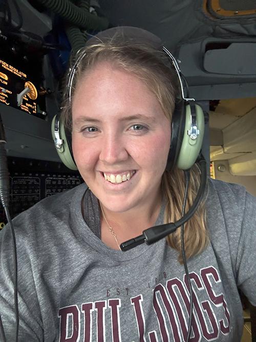 Mississippi State Ph.D student Kayleigh Addington, of Lexington, Virginia, flies aboard a Lockheed WP-3D Orion aircraft operated by the National Oceanic and Atmospheric Administration’s Hurricane Hunters for a research flight into Tropical Storm Imelda in September.
