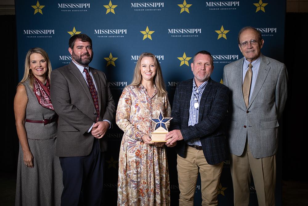 Pictured from left are Rochelle Hicks, Visit Mississippi executive director; state Sen. Jeff Tate; Morgan Dudley, MSU Riley Center director; Andy Rainey, MSU Riley Center technical director; and Lt. Gov. Delbert Hosemann.