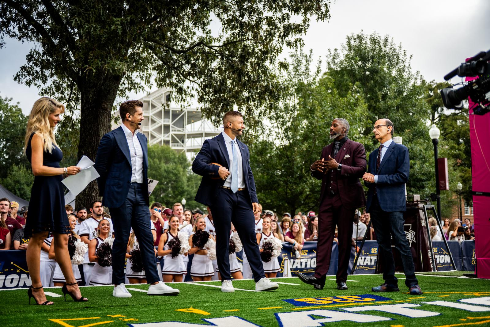 SEC Nation analysts talk during a 2023 broadcast live from The Junction at Mississippi State.