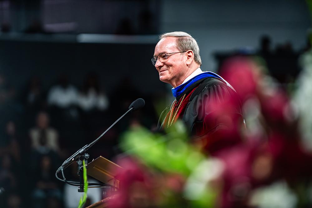Mississippi State President Mark E. Keenum delivers commencement remarks Dec. 12 at Humphrey Coliseum.