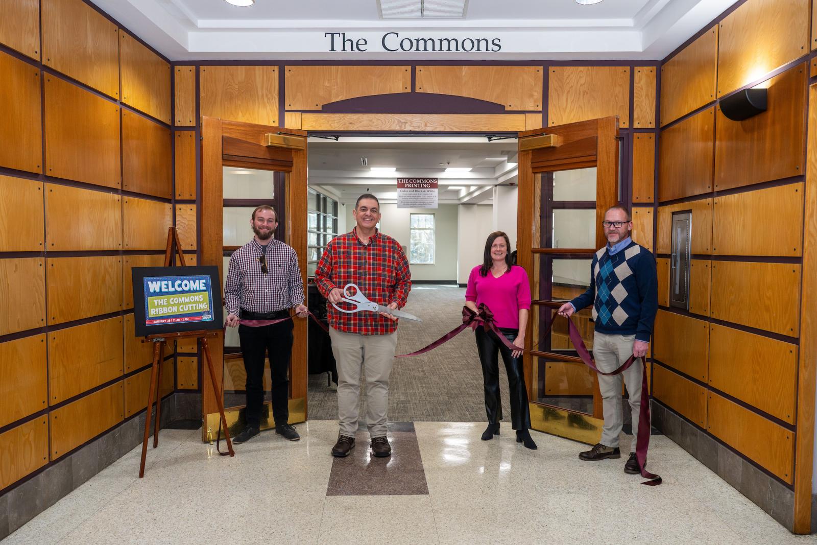 Cutting the ribbon at The Commons in Mitchell Memorial Library are, from left, MSU Libraries Systems Administrator James Mize, Assistant Dean for Technology and Operations Paul Huddleston, Dean of Libraries Lis Pankl and Associate Dean for Research Derek Marshall.