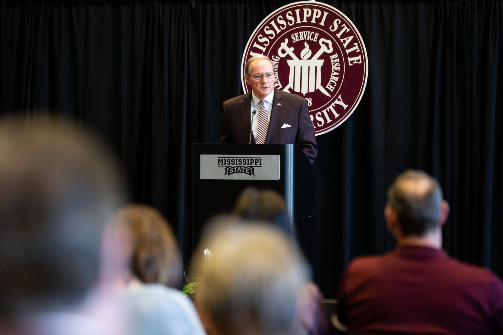 MSU President Mark E. Keenum speaks during the Feb. 6 spring general faculty meeting, updating university personnel on university priorities.