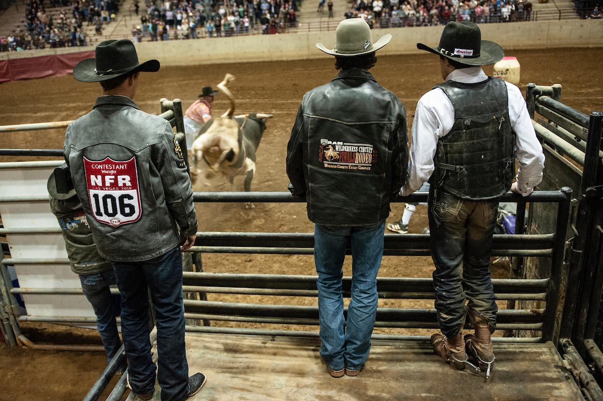 three men watch rodeo