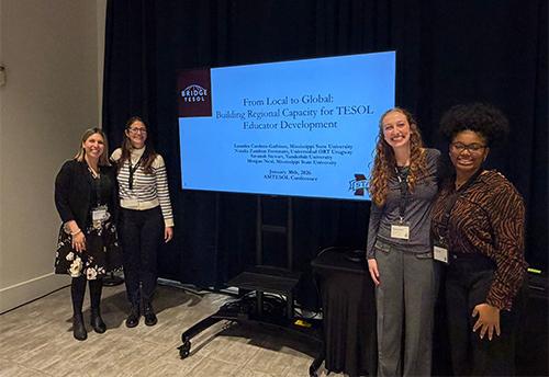 Presenting a 2025 MSU Global Development Seed Grant-funded project at the Alabama–Mississippi TESOL Conference this past January are, from left, Assistant Professor Lourdes Cardozo Gaibisso, MSU Department of English; Natalia Zambon Ferronato, Universidad ORT Uruguay; and students Savanah Stewart and Morgan Neal.