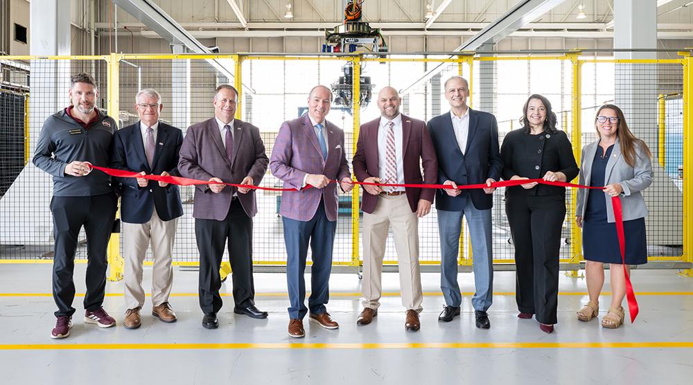 Pictured, from left, are MSU’s Wayne Huberty, ACI associate director; Jim Martin, associate vice president for Corporate Engagement and Economic Development; Scott Willard, interim vice president for Research and Economic Development; President Mark E. Keenum; and Chris Bounds, ACI director; Inteva Products President and CEO Gerard Roose; Appalachian Regional Commission Director of Mississippi Andrea Rose; and MSU’s Crisler Herndon, ACI assistant director.