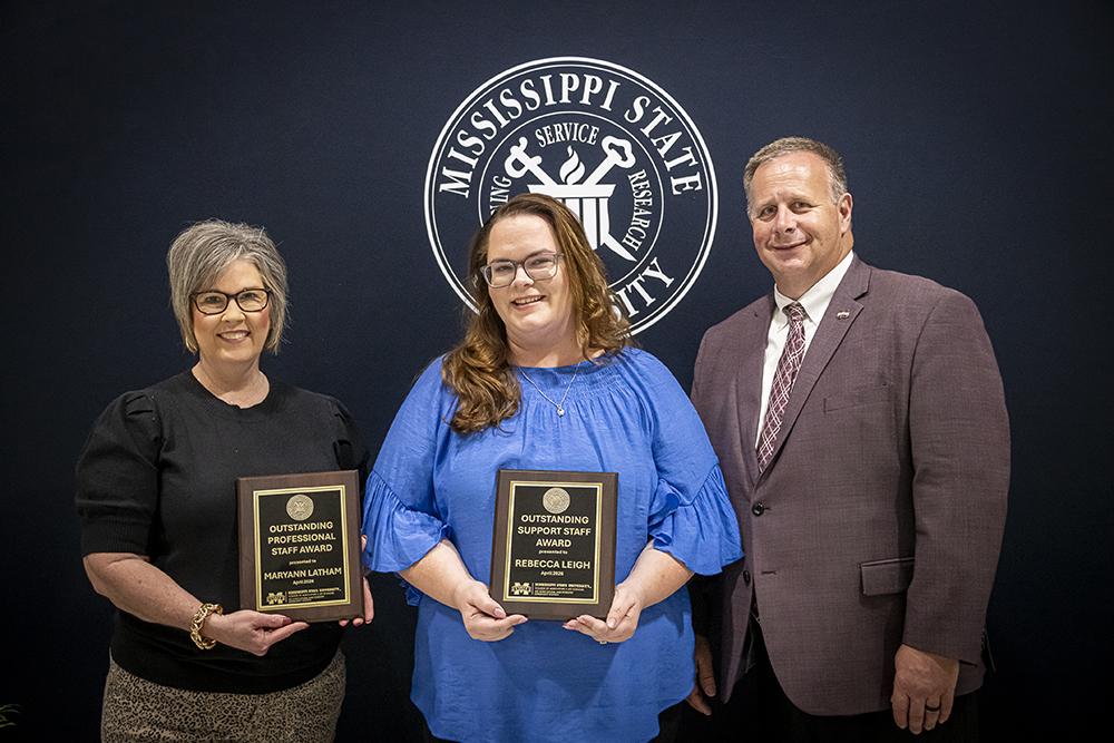 From left, CALS and MAFES staff winners Mary Ann Latham, program and grant development specialist, and Rebecca Leigh, administrative assistant I, with Scott Willard, CALS dean, MAFES director and interim vice president for research and economic development.