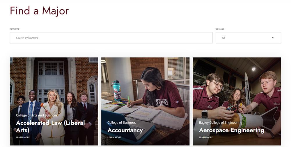 A screenshot of MSU's new Major Maps website, searchable by major