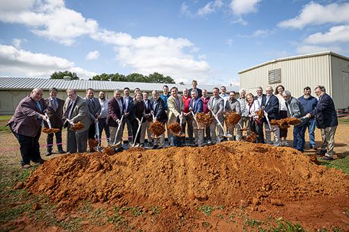 Mississippi State and industry representatives celebrate the groundbreaking of a poultry feed mill at the Mississippi Agricultural and Forestry Experiment Station’s H. H. Leveck Animal Research Center.