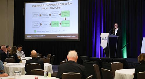 Brianna Croft, an MSU agricultural economics master’s student from Normal, Illinois, presents about the impact of H-2A labor policies on Mississippi sweet potato production during the Farm Foundation’s Summer Round Table in St. Louis, Missouri.