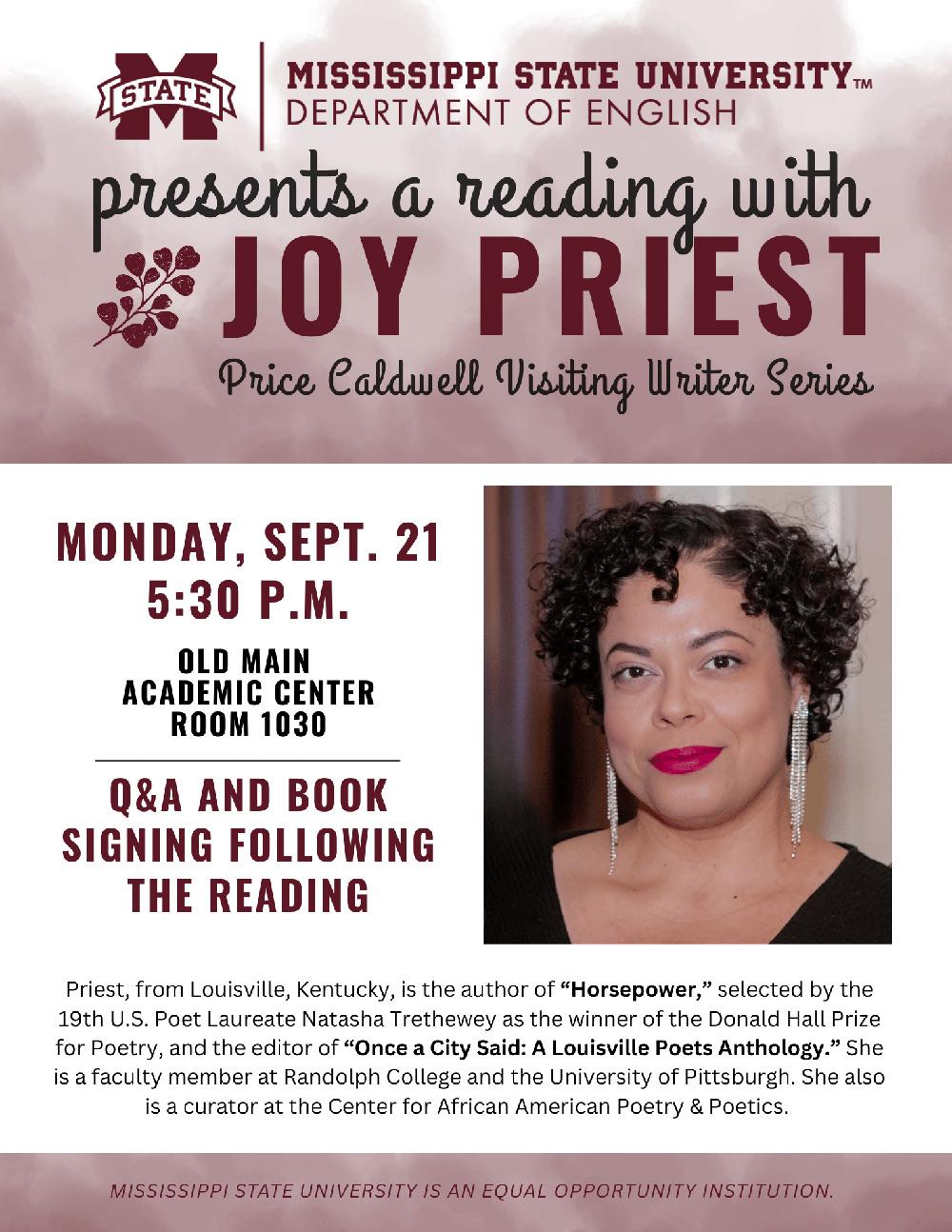 Price Caldwell Visiting Writers Series featuring Poet Joy Priest event promotional flyer